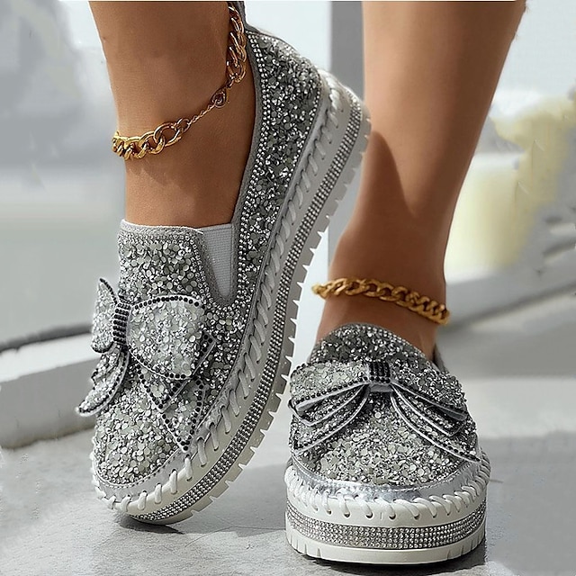  Women's Slip-Ons Bling Bling Shoes Plus Size Platform Sneakers Outdoor Daily Solid Color Summer Rhinestone Flat Heel Round Toe Elegant Casual Comfort PU Loafer Silver Black Pink