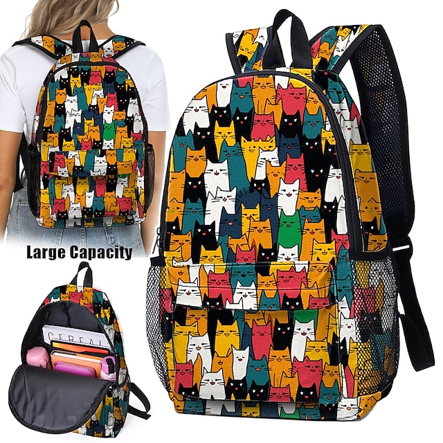  Dámské batoh Školní taška 3D batoh Škola Denní Kočka Polyester Velká kapacita Lehká váha Odolné Zip Grafika Červenočerná Černá Žlutá