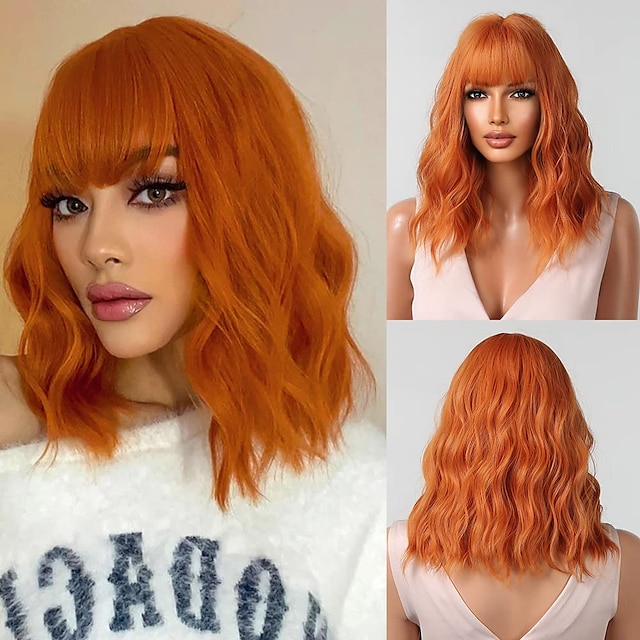  perruques frisées au gingembre pour les femmes perruques courtes orange avec une frange cheveux synthétiques cosplay d'apparence naturelle