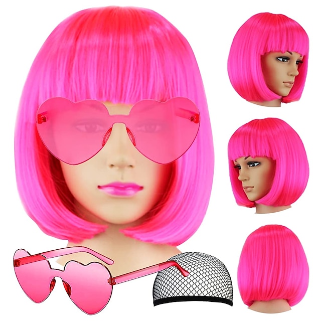 kort bob hår peruker raka med platt lugg syntetisk färgglad cosplay daglig fest neon peruk för kvinnor (endast peruker)