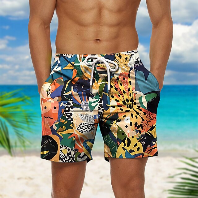 Men's Leaf Color Block Graphic Prints Swim Shorts Board Shorts Swimming Trunks Mid Waist Hawaiian Boho Casual Daily Holiday Drawstring with Mesh lining Elastic Waist Designer Clothing Apparel4
