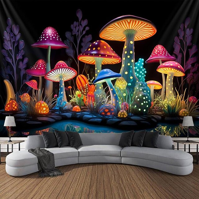 Mushroom Fantasy Blacklight Tapestry UV Reactive Glow in the Dark ...