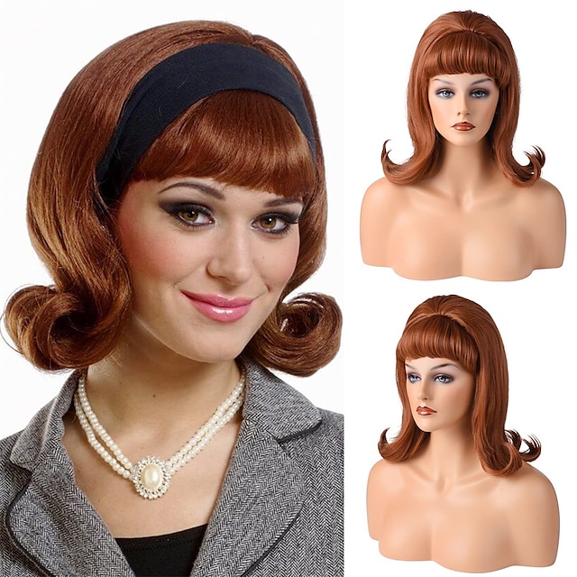  retro brun peruk 50-tal 60-tal 70-tal peruk med lugg för kvinnor syntetiskt hår för halloween kostymfest