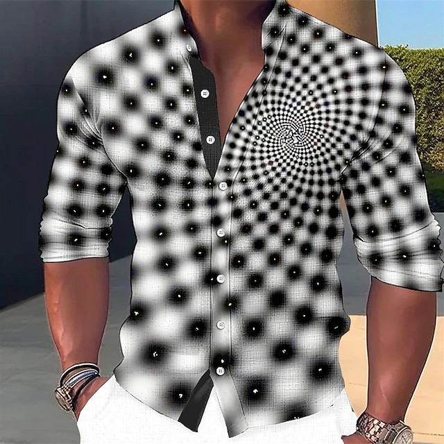  herreskjorte optisk illusion grafisk geometri stativ krave blå-grøn sort hvid blå grøn udendørs street langærmet print tøj tøj mode streetwear designer