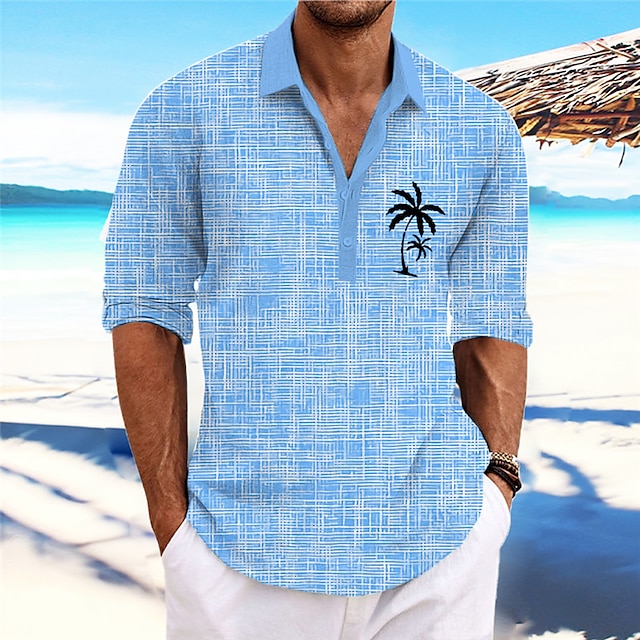  Herr Kokosnötsträd Tropiska växter Skjorta Hawaii skjorta Aloha skjorta Långärmad Skjorta Hög krage Mode Streetwear Designer Utomhus Gata Ledigt Rodnande Rosa Blå Grön S M L
