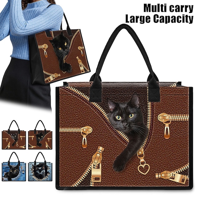  نسائي حقيبة يد حمل حقيبة قماش البوليستر مناسب للبس اليومي مناسب للعطلات طباعة سعة كبيرة قابلة للطى خفة الوزن قطة 3D أزرق بني كوفي