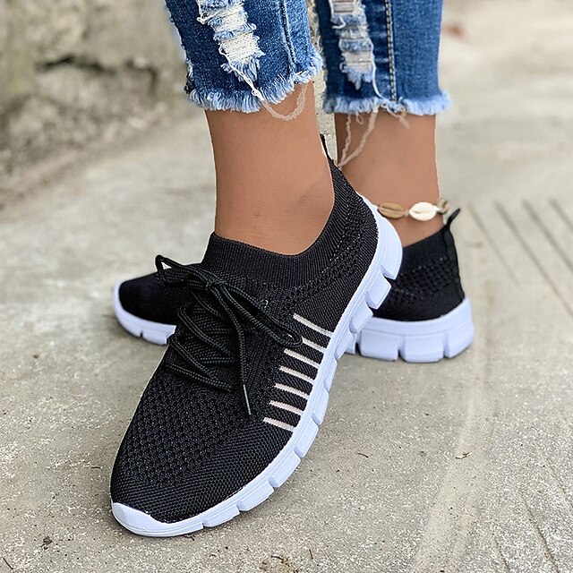 Women's Black Knit Sneakers with White Sole for Running and Casual Wear