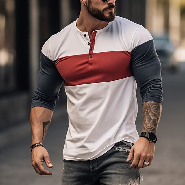 Men's Button T Shirt Henley Shirt Tee Top Long Sleeve Shirt Long Sleeve Henley Summer Color Block Fashion Designer Basic Patchwork Vacation Street Going out Red Top Tee for Men2