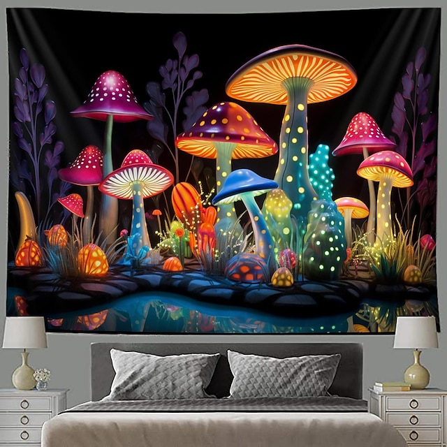 Mushroom Fantasy Blacklight Tapestry UV Reactive Glow in the Dark ...