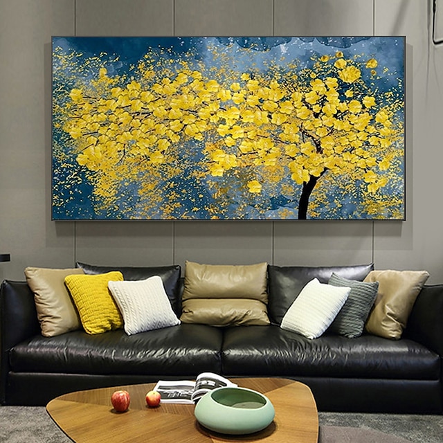 modern oljemålning handgjord på duk gyllene gul rik träd blomma växt duk konst målning duk vardagsrum (ingen ram)