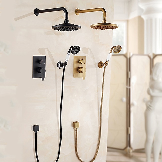  ensemble de robinet de douche mural en laiton vintage, ensemble de combinaison de pluie au-dessus de la tête mitigeur de salle de bain douche en céramique pulvérisateur à main haute pression noir antique