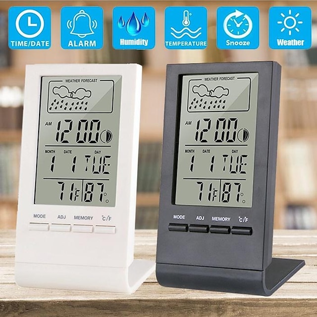  LED Digital Clock Thermometer Hygrometer Gauge Indicator Alarm Clock Indoor/Outdoor Weather Station Automatic Electronic Temperature Humidity Monitor Clock