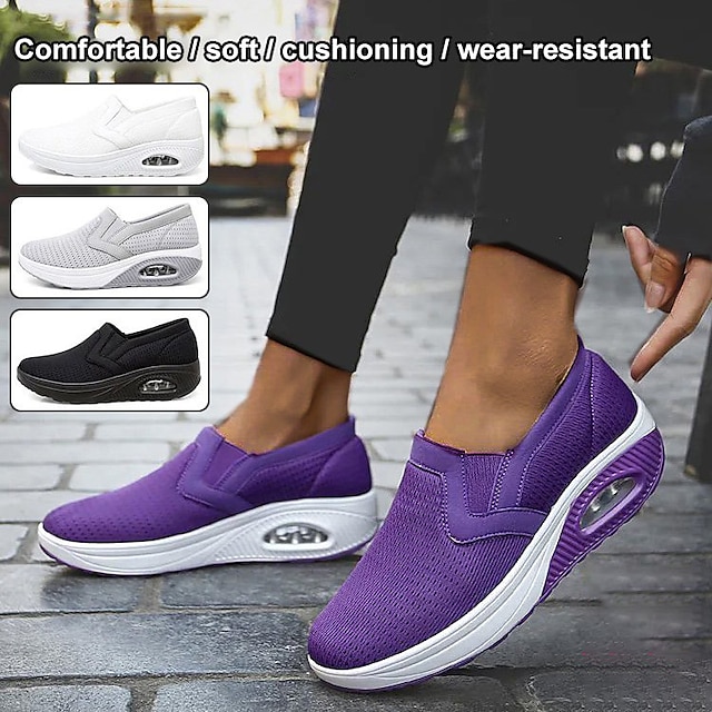  Women's Sneakers Slip-Ons Wedge Heels Plus Size Height Increasing Shoes Outdoor Daily Solid Color Flat Heel Round Toe Fashion Comfort Minimalism Walking Mesh Loafer Black White Purple