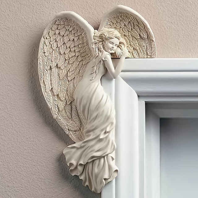  Moldura de porta escultura de asas de anjo, molduras de porta de anjos decoração, estátua 3d arte para casa decoração de parede estatuetas de resina ornamentos, para jardim ao ar livre sala de estar
