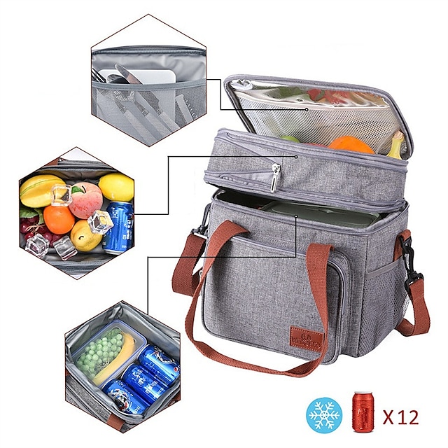  Lunch Box, 14L Insulated Lunch Bag, Expandable Double Deck Cooler Bag, Lightweight Leakproof Tote Bag With Side Tissue Pocket, Suit For Men and Women