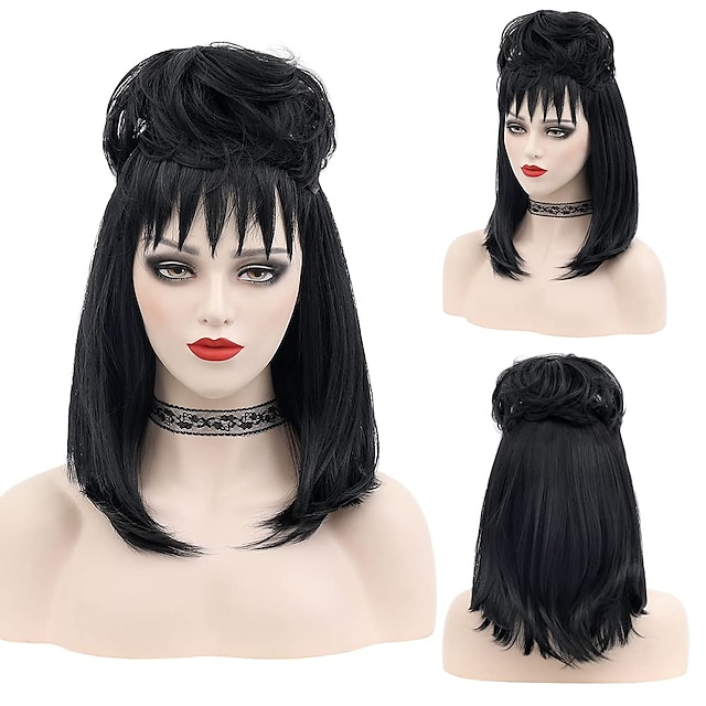  lydia deetz cosplay kostym fest peruk brud fluffiga bullar lockiga dam svart medellånga rak skalbagge peruk med lugg halloween kostym tillbehör