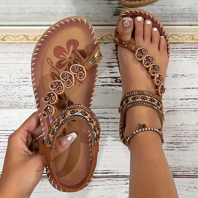Bohemian Beaded Beige Floral Open Ring Toe Sandals