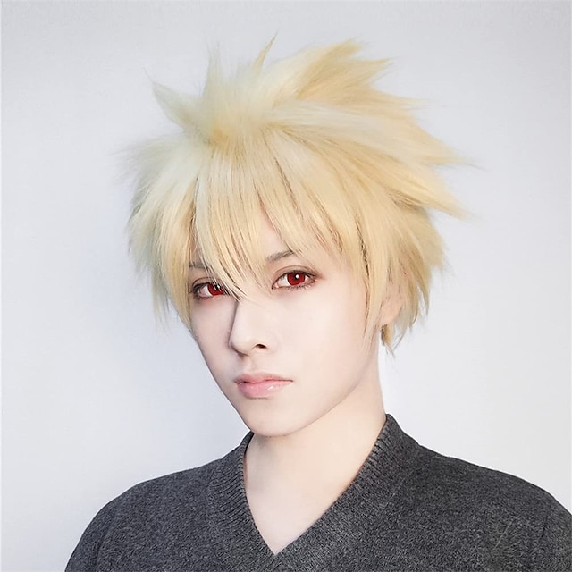 Blonde Spiky Short Wig for Men Boys Cosplay Short Blonde Wig Anime Cosplay Wig for Cosplaymaker Mens Wig Wavy Synthetic Wig for Halloween Costume Party