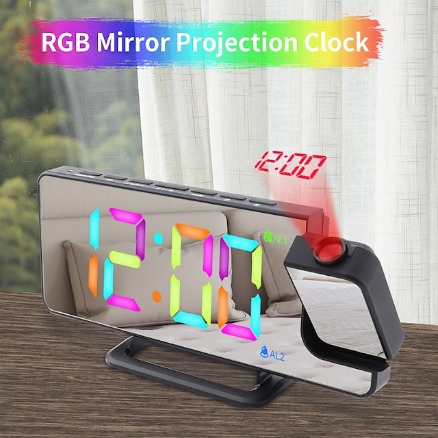  TS-9210 RGB Colorful Gradient Projection Clock LED Large Screen Mirror Digital Alarm Clock Desktop Simple Electronic Clock