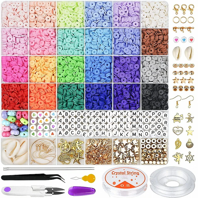 6000 Pcs Clay Beads for Bracelet Making, 24 Colors Flat Round Polymer Clay Beads 6mm Spacer Heishi Beads with Pendant Charms Kit and Elastic Strings for Jewelry Making Kit Bracelets Necklace 7