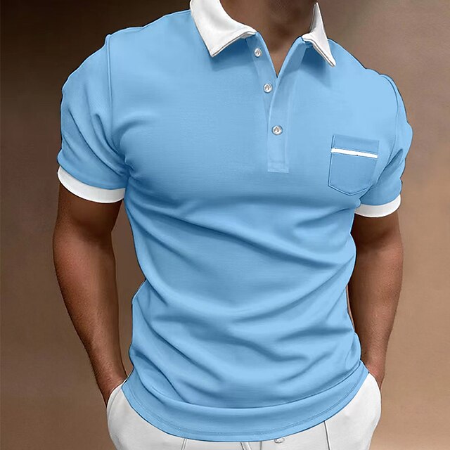 Men's Polo Shirts Button Up Polos Casual Holiday Lapel Short Sleeve Fashion Basic Color Block Buttons Pocket Summer Regular Fit Light Sky Blue White Red Navy Blue Black-white Polo Shirts 7