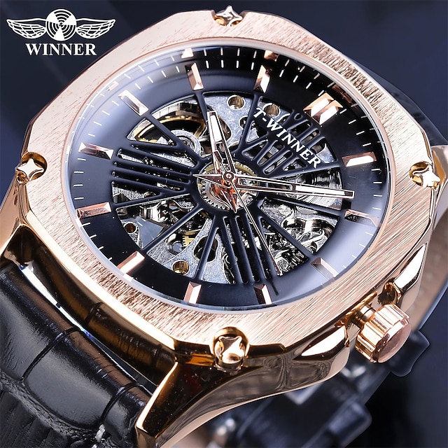  WINNER 男性 機械式時計 贅沢 大きめ文字盤 ファッション ビジネス スケルトン 自動巻き 光る 防水 レザー 腕時計