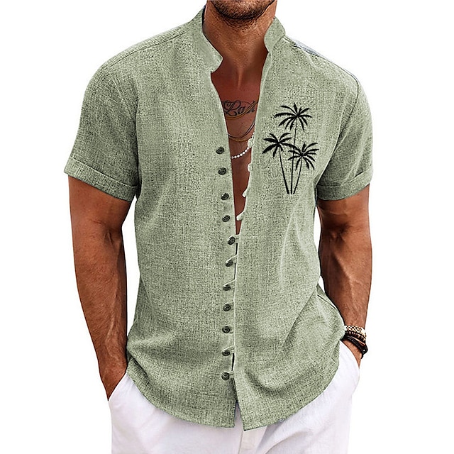  Men's Shirt Coconut Tree Graphic Prints Stand Collar Blue Purple Green Khaki Gray Outdoor Street Short Sleeve Print Clothing Apparel Fashion Streetwear Designer Casual