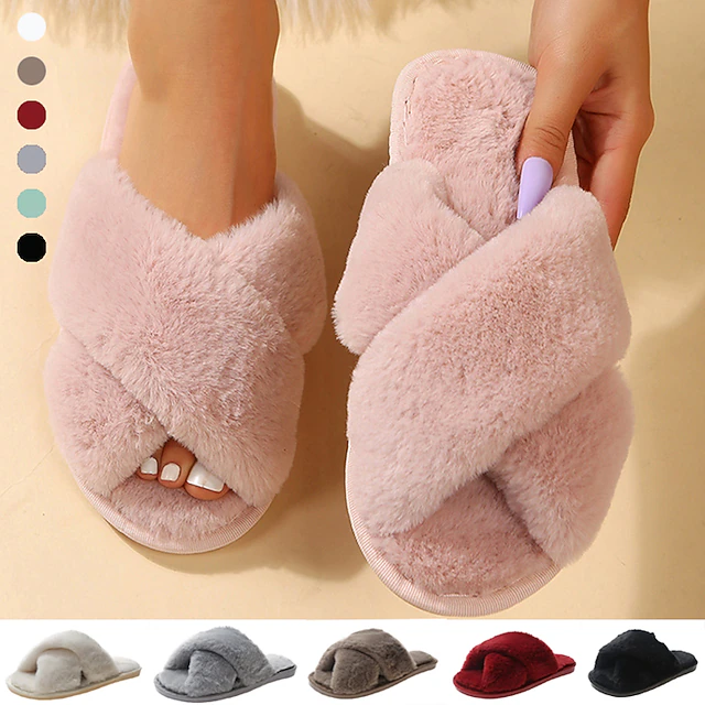 Cozy Pink Faux Fur Women's Slippers - Soft and Plush Cross-Band Style, Perfect for Relaxing at Home and Casual Indoor Wear 23