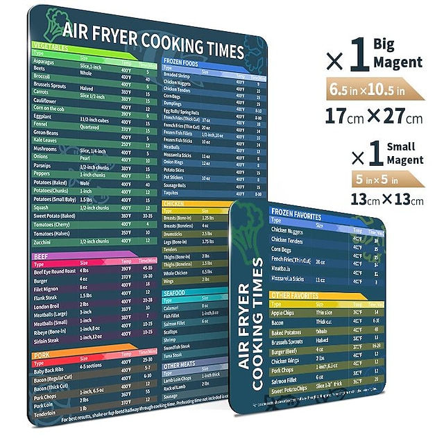  2pcs Air Fryer Magnetic Cheat Sheet Set, Air Fryers Accessories Cook Times, Airfryer Accessory Magnet Sheet Quick Reference Guide For Cooking And Frying, Easy To Use, Excellent Kitchen Assistant