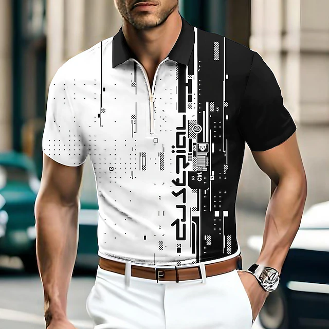 Men's Geometric Zip Polo Shirts Golf Shirt Short Sleeve Polo Shirts Collared Shirts Casual Vacation Wear Formal Wear Festival Wear 3D Print Quarter Zip Polo Blue-Green White Blue 6