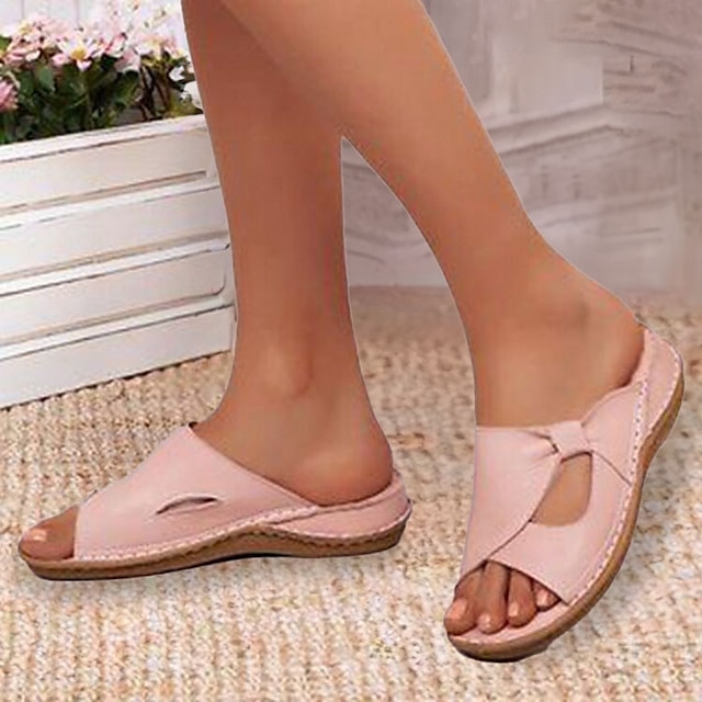  Women's Sandals Slippers Mules Wedge Sandals Plus Size Handmade Shoes Daily Beach Solid Color Summer Wedge Heel Open Toe Classic Casual Minimalism Faux Leather Loafer Black Pink Blue