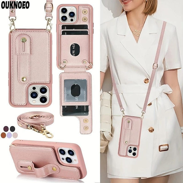 Phone Case For iPhone 15 Pro Max Plus iPhone 14 13 12 11 Pro Max Mini X XR XS Max 8 7 Plus Back Cover Wallet Case with Stand Holder with Lanyard with Wrist Strap Solid Color TPU PU Leather