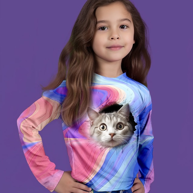  Voor meisjes 3D Grafisch dier Kat T-shirt Lange mouw 3D-afdrukken Zomer Lente Herfst Actief Modieus leuke Style Polyester Kinderen 3-12 jaar Buiten Casual Dagelijks Normale pasvorm