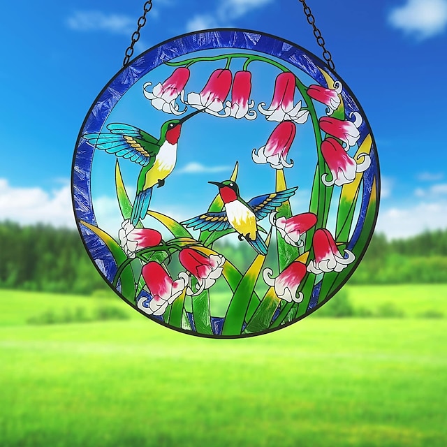  Stained Glass Window Hanging 10 in Hummingbirds Suncatcher for Window Handcrafted Glass Panel Window Decor Gift for Mom Grandma