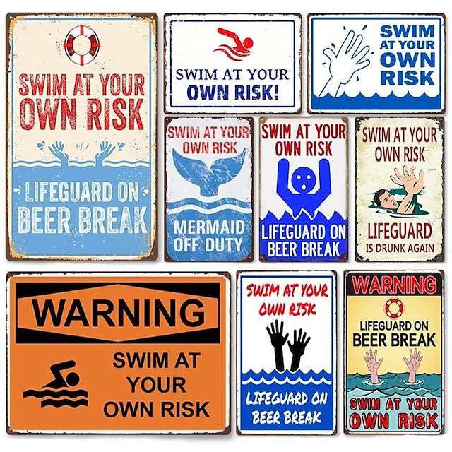  1pc sinal de lata de metal de aviso de natação nade por sua conta e risco salva-vidas é novamente regras de piscina sinais de lata de metal sinais de aviso sinal de piscina decoração de parede sinal