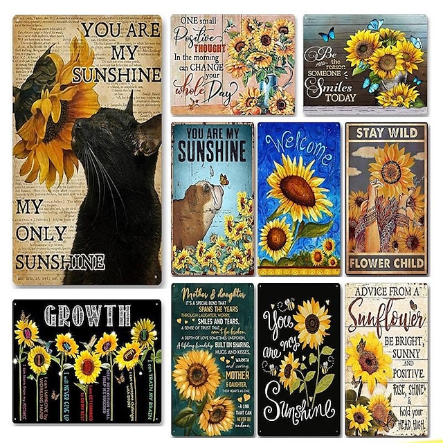  1pc Retro Metal Tin Sign Cat Sunflower Tin Sign Vintage Home Wall Decor, Painting Wall Hanging for Home Decor Wall Art Metal Tin Sign 20x30cm/8''x12''
