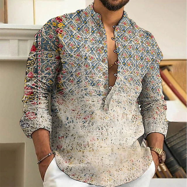 Men's Shirt Floral Graphic Prints Geometry Stand Collar Yellow Pink ...