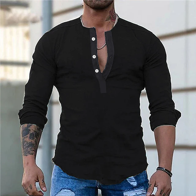 Men's Shirt Linen Shirt Summer Shirt Cotton Linen Shirt Long Sleeve Shirt Plain Street Sports Black Red Green Long Sleeve Henley Spring & Fall Clothing Apparel Button-Down4