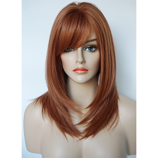  Medium Length wig for women Copper wig Ginger wig Layered wig with bangs Synthetic wig Highlight for white Women