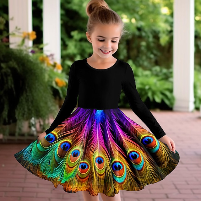  Meisjes 3D Grafisch Jurk Lange mouw 3D-afdrukken Zomer Herfst Vakantie Sport & Outdoor Dagelijks leuke Style Casual Mooi Kinderen 3-12 jaar Casual jurk A lijn jurk Boven de knie Normale pasvorm