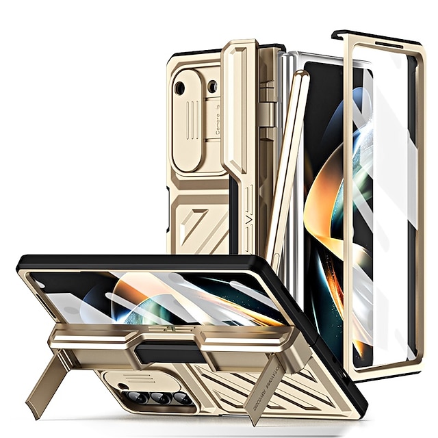  Handy Hülle Handyhüllen Für Samsung Galaxy Z Fold 5 Z Fold 4 Ganzkörper-Gehäuse mit Halterung und Displayschutzfolie Bleistifthalter Feste Farbe TPU Gehärtetes Glas PC