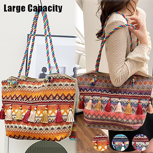 Bohemian Embroidered Canvas Tote Bag – Colorful Tassel Shoulder Handbag for Women, Casual Beach Travel Bag 13