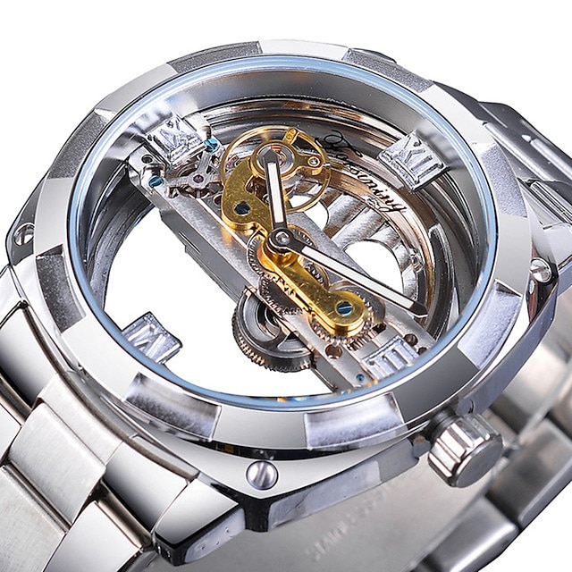  Forsining relógios transparentes de dupla face dourado pulseira de couro de luxo relógio mecânico masculino