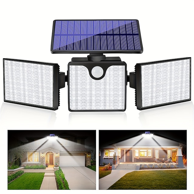  Luzes solares de parede 266 leds ultra brilhantes à prova d'água sensor de movimento rotativo luz para parede de quintal de varanda ao ar livre