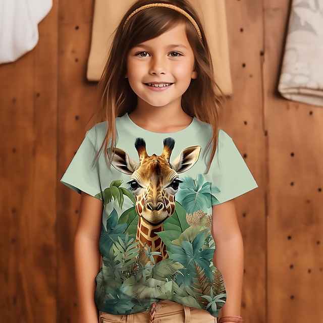  Pige 3D Grafisk Blomstret Giraf T-shirt Kortærmet 3D-udskrivning Sommer Forår Aktiv Mode Sød Stil Polyester Børn 3-12 år udendørs Afslappet Daglig Regulær
