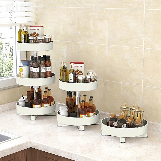  Multifunctional Kitchen 360 Rotating Storage Rack Spice Box Shelf Height Adjustable Bathroom Cosmetics Organizer