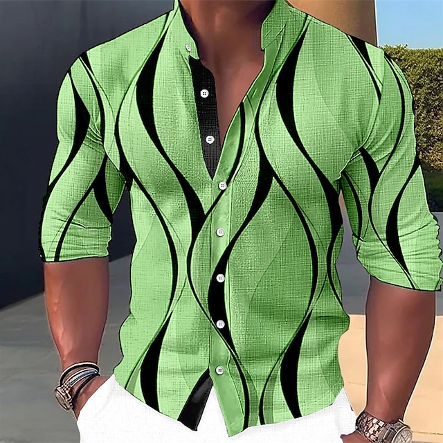 Men's Shirt Linen Shirt GraphicGeometry Stand Collar Blue-Green Pink ...