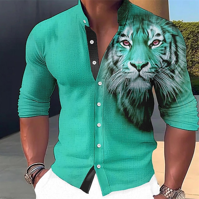  Per uomo Animali Tigre Camicia Camicia con bottoni Manica lunga Di tendenza Streetwear Originale Esterno Informale Giornaliero Estate Primavera Autunno Colletto alla coreana Stampa Blu-verde Rosso