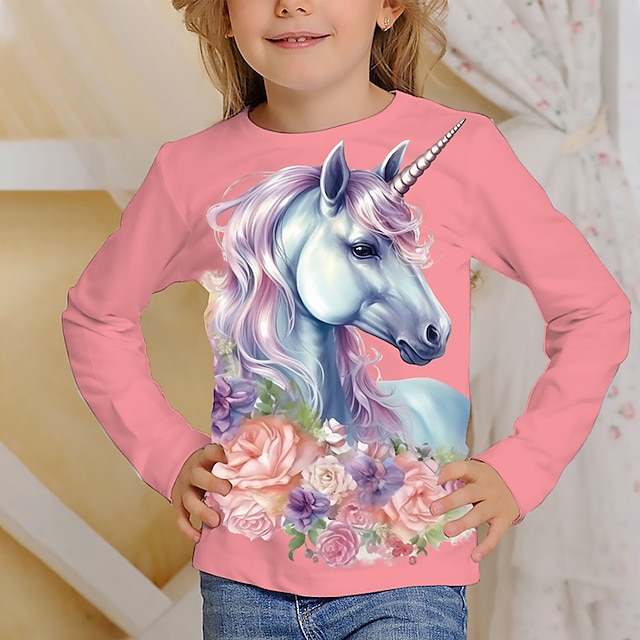  Girls' 3D Graphic Cartoon Unicorn T shirt Tee Long Sleeve 3D Print Summer Spring Fall Active Fashion Cute Polyester Kids 3-12 Years Outdoor Casual Daily Regular Fit