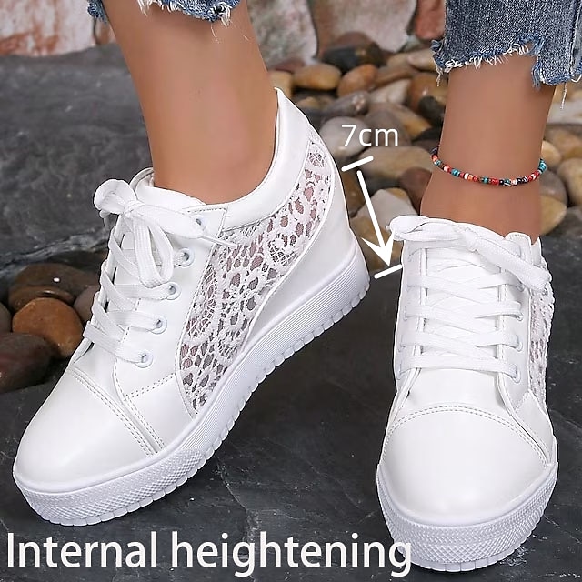  Mujer Zapatillas de deporte Zapatos de incremento de altura Zapatillas de plataforma Zapatos blancos Diario Color sólido Plaid Hueco Verano Flor de Satén Encaje Con Cordón Tacón Cuña Tacón oculto